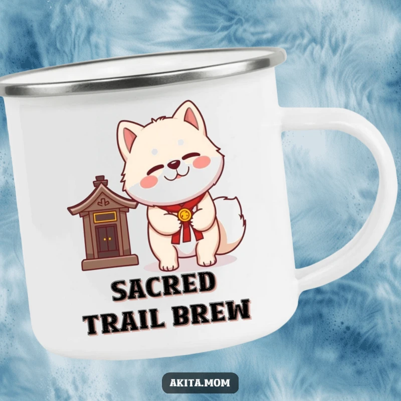 Funny Kawaii Akita camping mug with a dignified wink, standing next to a miniature shrine, ideal for spiritual journeys.