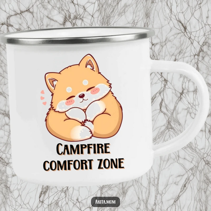 Funny Kawaii Akita camping mug, showing a dog curling up contentedly with a soft sigh, perfect for enjoying warm drinks during outdoor relaxation.
