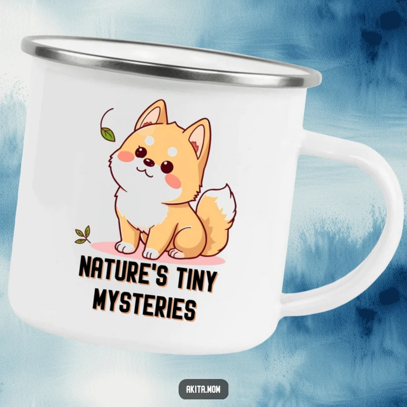 Funny Kawaii Akita camping mug, a curious dog watching a leaf, built for adventure and observation.