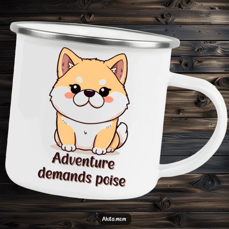 Funny Kawaii Akita camping mug with a stern but loving expression, perfect for outdoor adventures and Akita admirers.