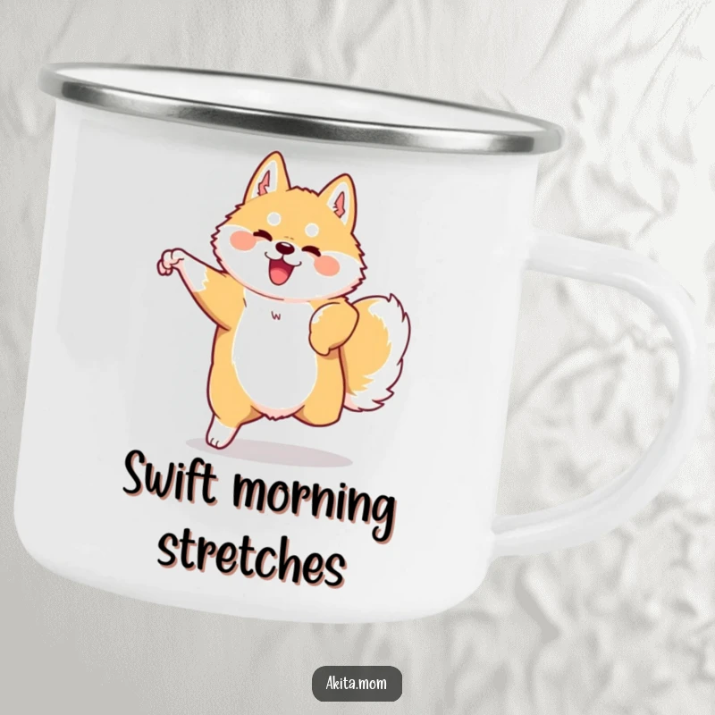Funny Kawaii Akita camping mug with a graceful moving dog design. Humorous and durable for outdoor use.