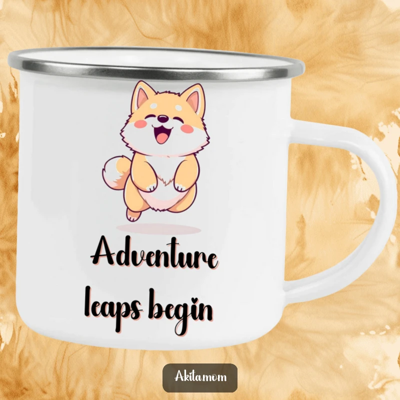 Funny Kawaii Akita camping mug, showing a happy dog barking and leaping, perfect for outdoor adventures and enjoying a warm drink by the fire.