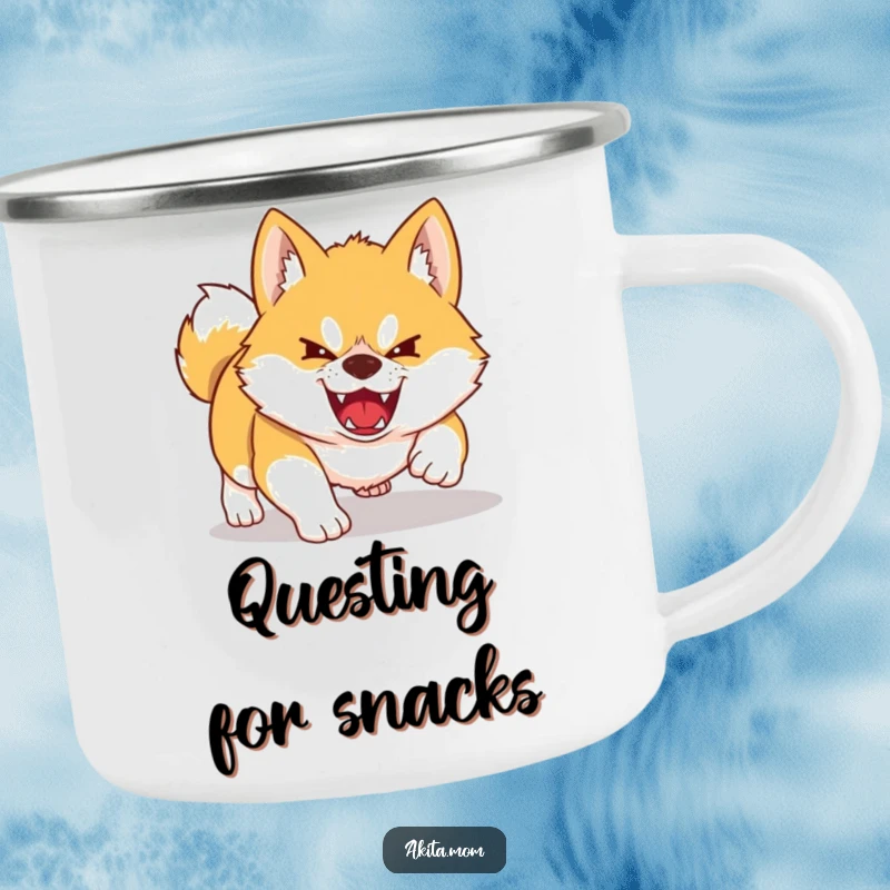 Funny Kawaii Akita camping mug with a playful pouncing dog design. Humorous and rugged for outdoor use.