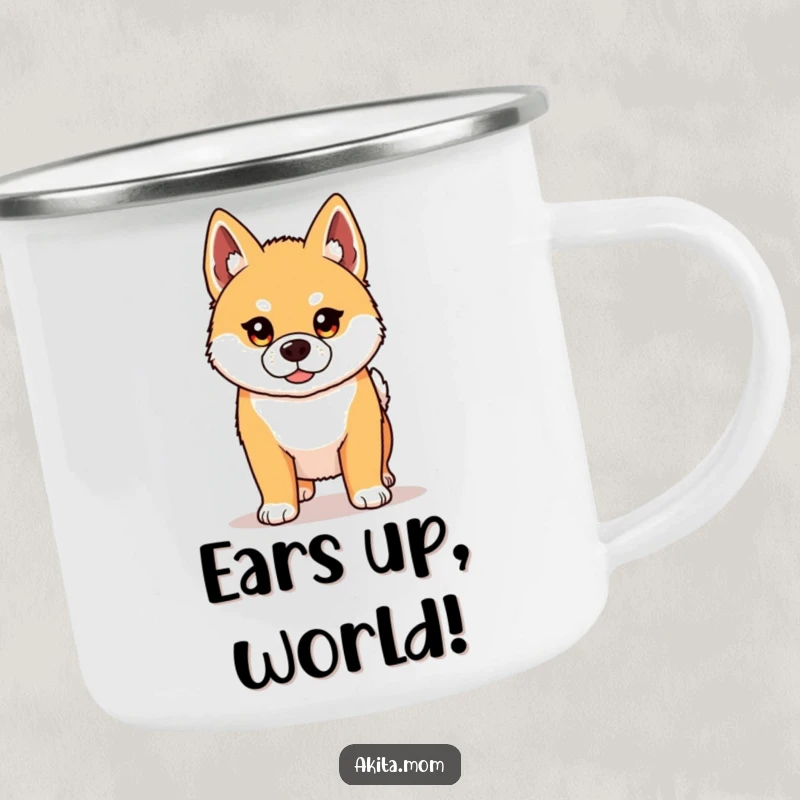 Funny Kawaii Akita camping mug with a proud dog, perfect for outdoor drinks. Humorous and sturdy for camping trips.
