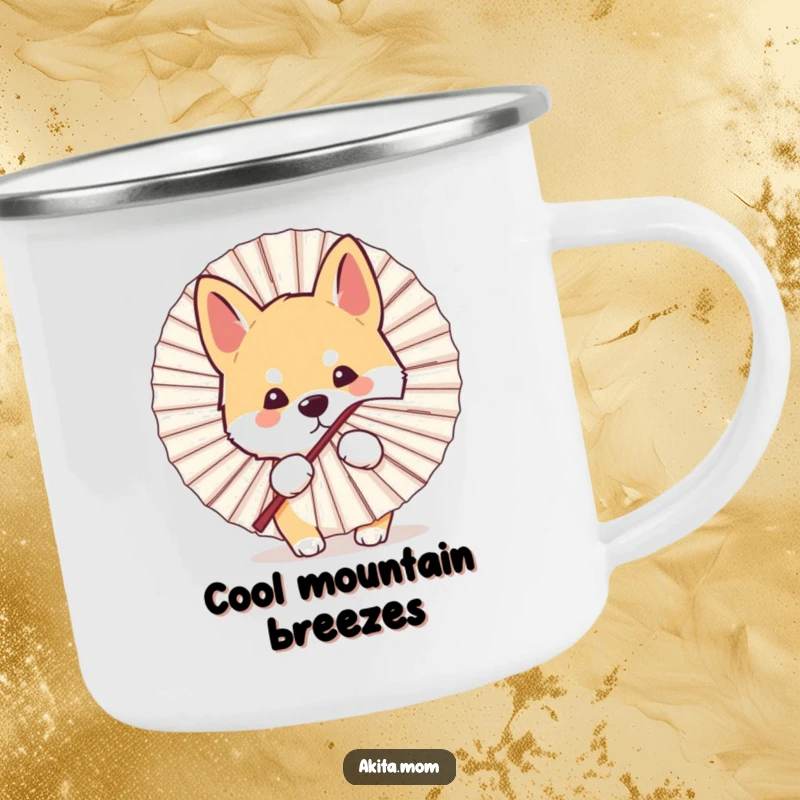 Funny Kawaii Akita dog camping mug, showing a cute peek from behind a fan, perfect for outdoor enjoyment with a touch of playful humor.