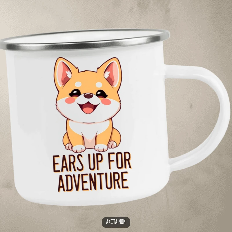 Funny Kawaii Akita Camping Mug, a joyful dog with perked ears listening intently, sturdy and portable, perfect outdoor funny gift.