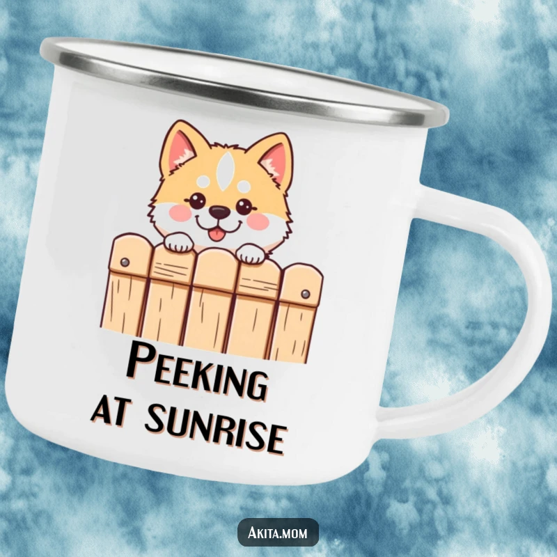 Funny Kawaii Akita camping mug depicts a cute dog peeking curiously over a fence, designed for outdoor enjoyment.
