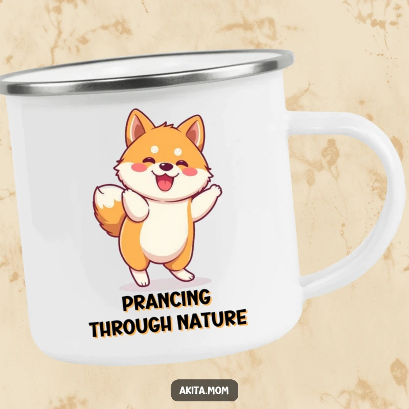Funny Kawaii Akita Camping Mug: Cute dog character in a funny, spirited prance, perfect for outdoor brews and adventures.