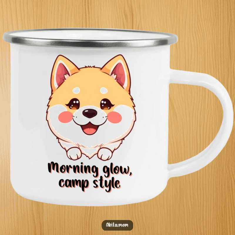 Smiling Kawaii Akita Camping Mug: A cute kawaii Akita with sparkling, happy eyes, perfect for happy outdoor moments.