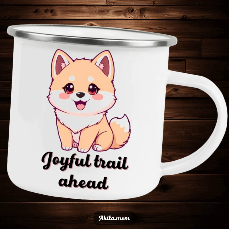 Funny Akita camping mug featuring an eager dog with bright eyes and wagging tail. Humorous and durable gift.