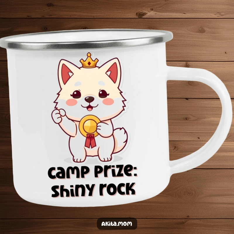 Proud Akita Prize Camping Mug: A proud Akita character holding up a small prize, ideal for celebrating outdoor achievements.