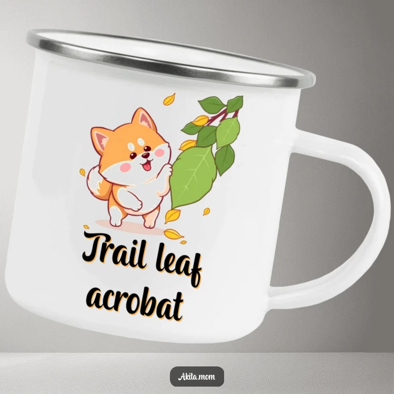 Funny Kawaii Akita camping mug showing an alert-eared dog playfully pouncing on a falling leaf, ready for campfire stories and hot beverages.