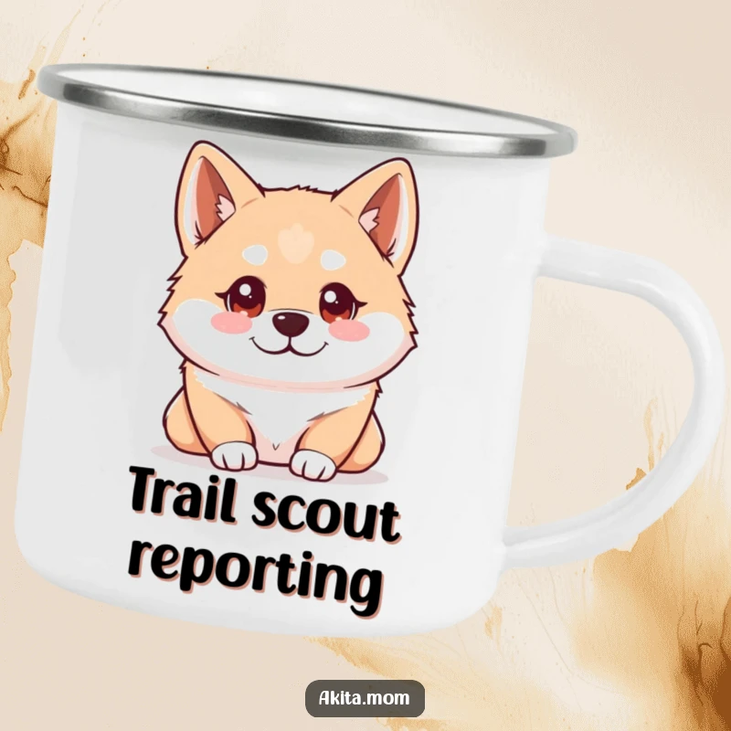 Funny Kawaii Akita camping mug showing a dog with bright, intelligent eyes observing its surroundings, ready for any outdoor discovery.
