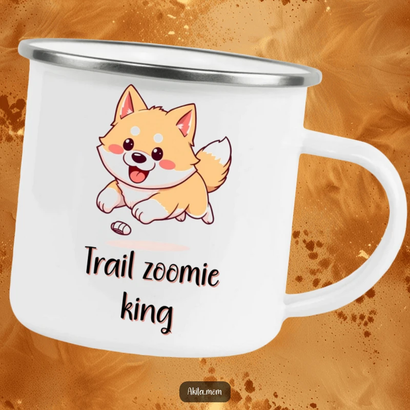 Funny Kawaii Akita camping mug showing a happy, bounding run with ears flying, ideal for outdoor adventures.