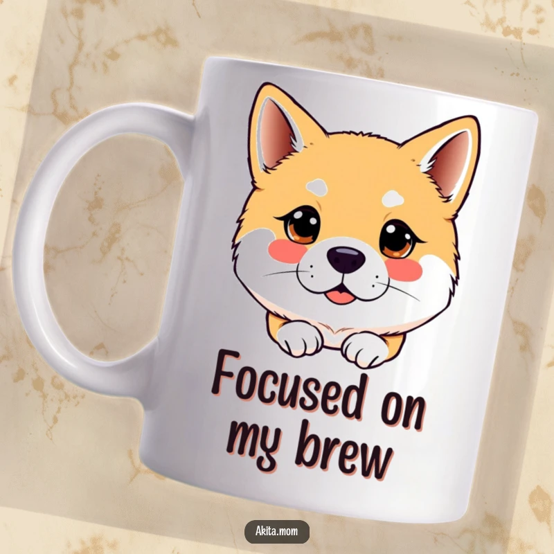 Funny Kawaii Akita dog mug with a bright, attentive gaze, showcasing alertness and focus, ideal for observant owners.