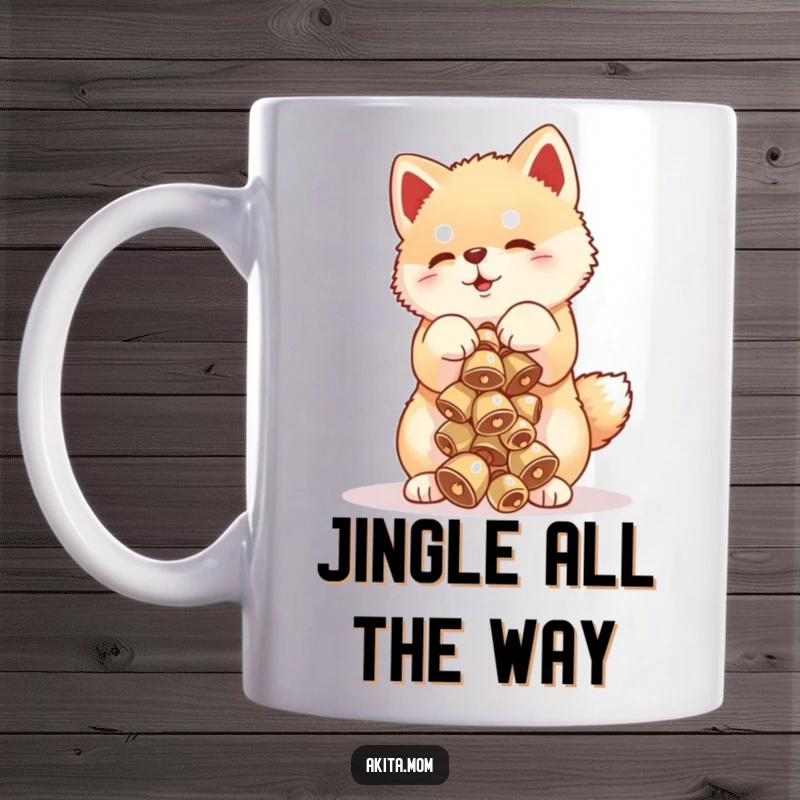 Funny Akita cub mug showing a playful puppy carefully balancing a tall stack of tiny, jingling bells, a truly delicate feat.