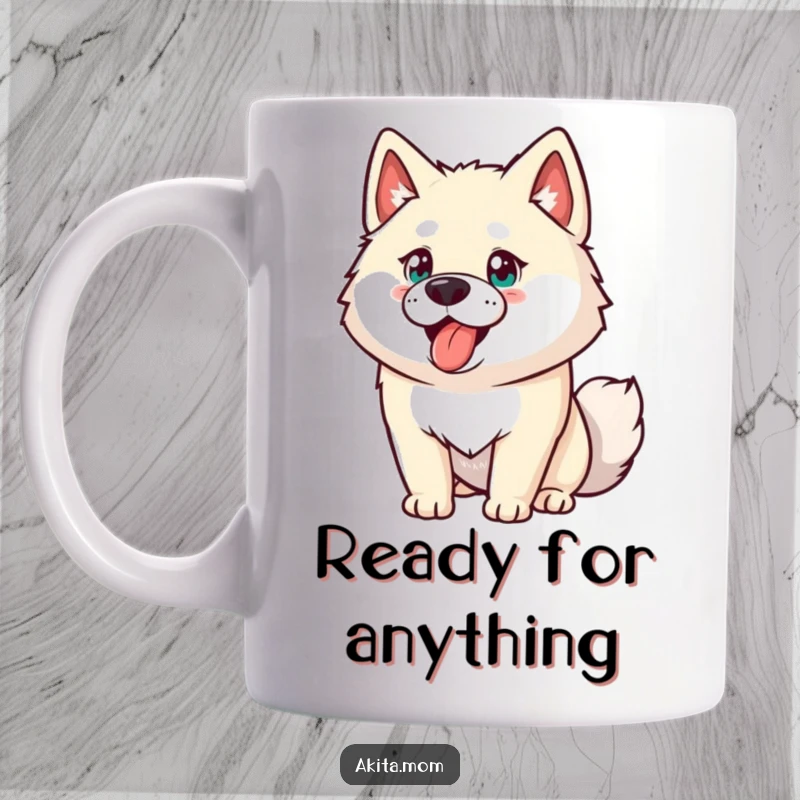 Funny Akita mug featuring a determined dog with boundless energy, ready for action. A humorous gift for Akita owners.