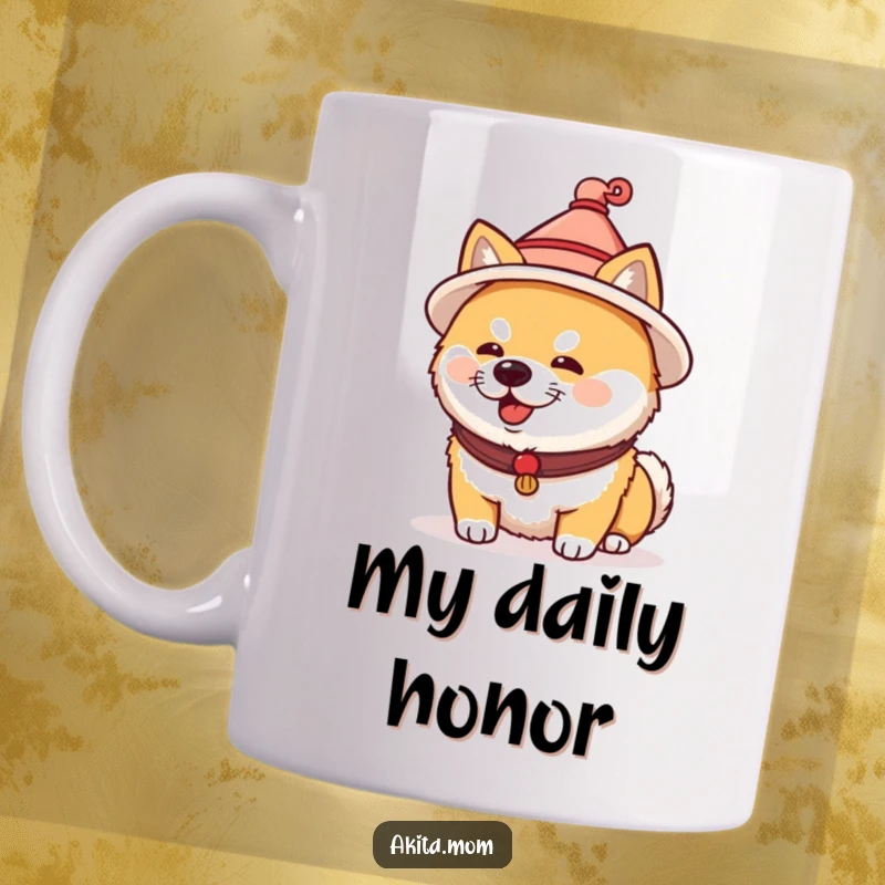 Funny Akita mug featuring a dog wearing a tiny traditional Japanese hat. A culturally charming and humorous gift.