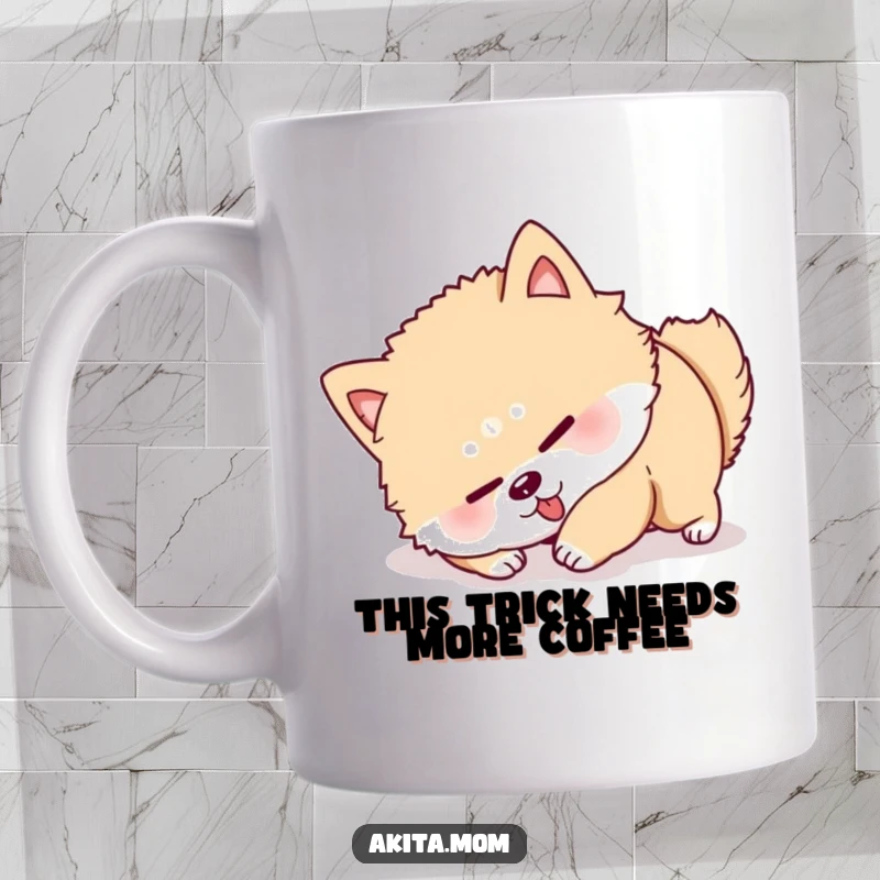 Funny Akita Roll Over Mug: A determined Akita character hilariously tries to roll over, showing great effort and a funny, focused expression.