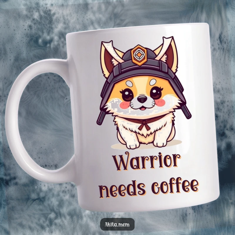 Funny mug depicting an Akita dog proudly wearing a small, stylish samurai helmet with great flair.