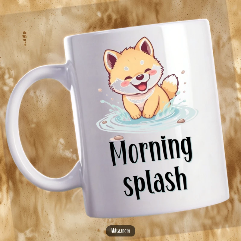 Funny Akita cub mug featuring a giggling puppy gleefully splashing water in a clear, shallow stream, radiating pure puppy delight.