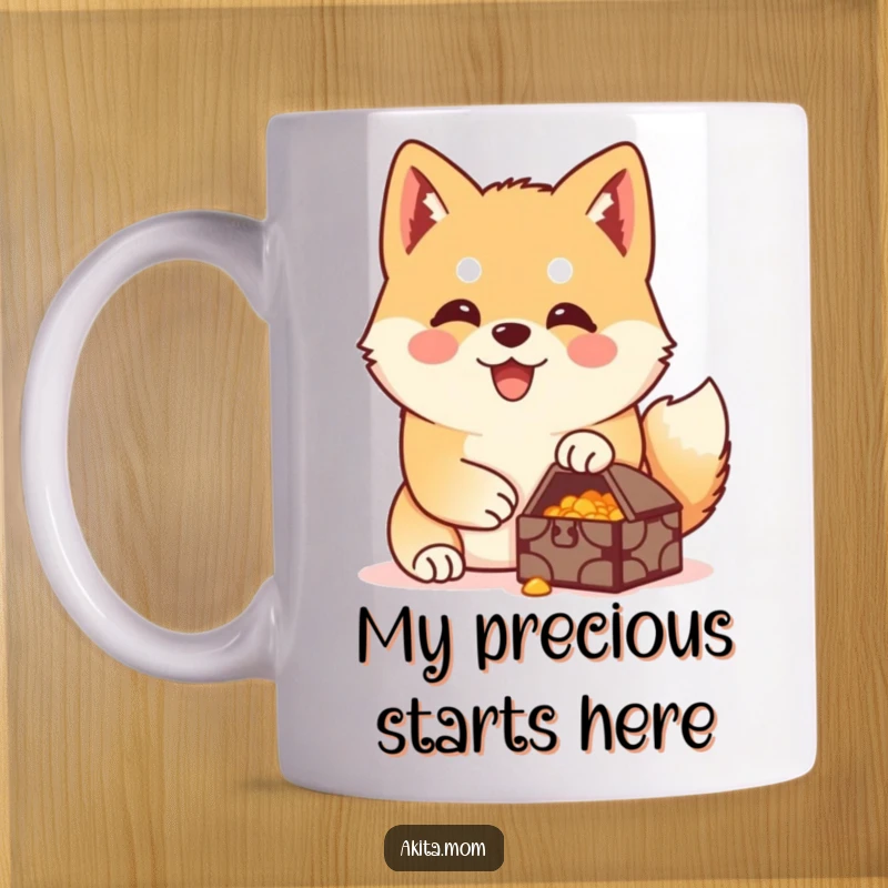 Funny Akita mug featuring a happy Akita diligently guarding a small, precious treasure with a protective and loving gaze.