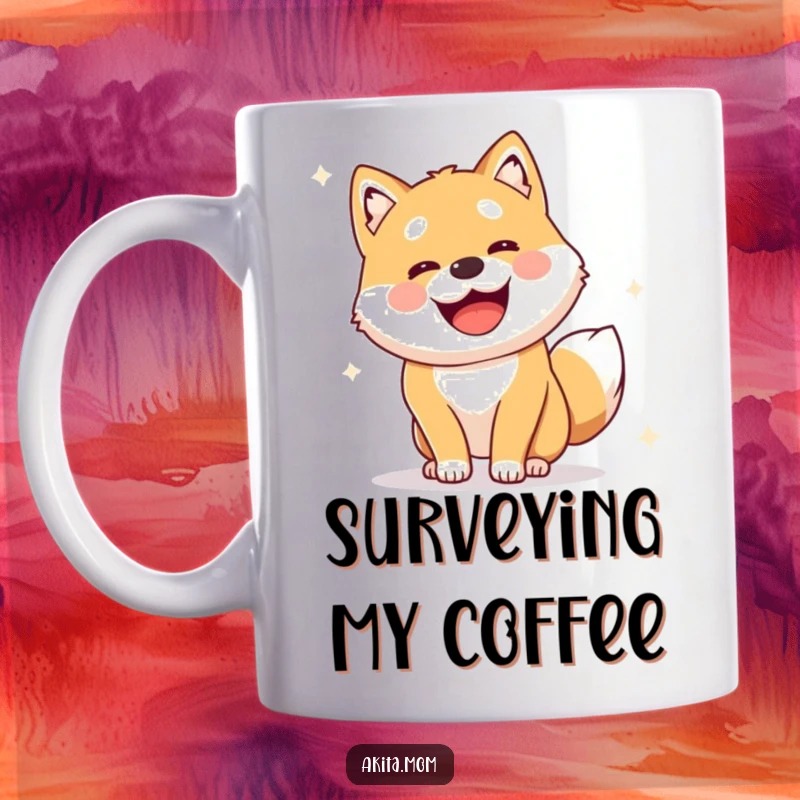 Funny Alert Akita Mug: Cute dog character performing a joyful, alert survey, embodying watchfulness and happiness.