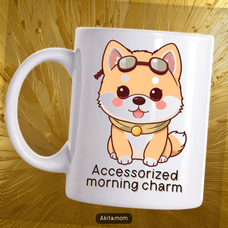 Funny Kawaii Akita dog mug, showcasing a dog wearing a charming little accessory, looking stylish and cute.