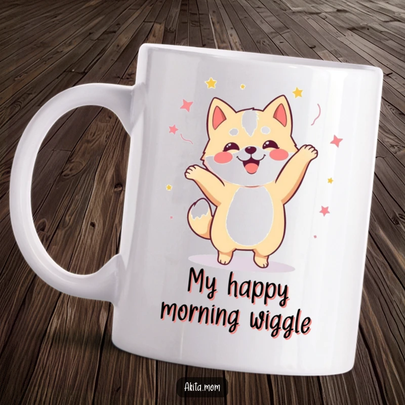 Funny Kawaii Akita dog mug, joyfully performing a happy dance with excitement, perfect for dog lovers and gift recipients.