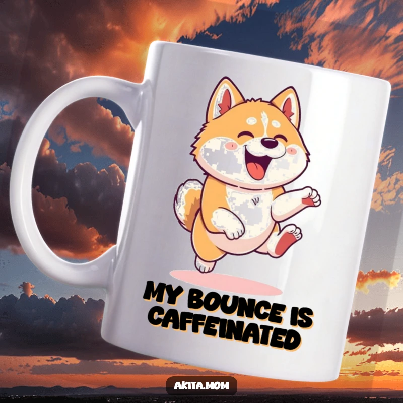 Funny Kawaii Akita dog leaping mug, captured mid-air with energetic and playful joy, embodying boundless enthusiasm for dog lovers.