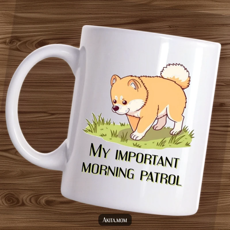 Funny Kawaii Akita mug, depicted in a dignified trot exploring grass, showcasing a calm and curious canine personality, a perfect gift.