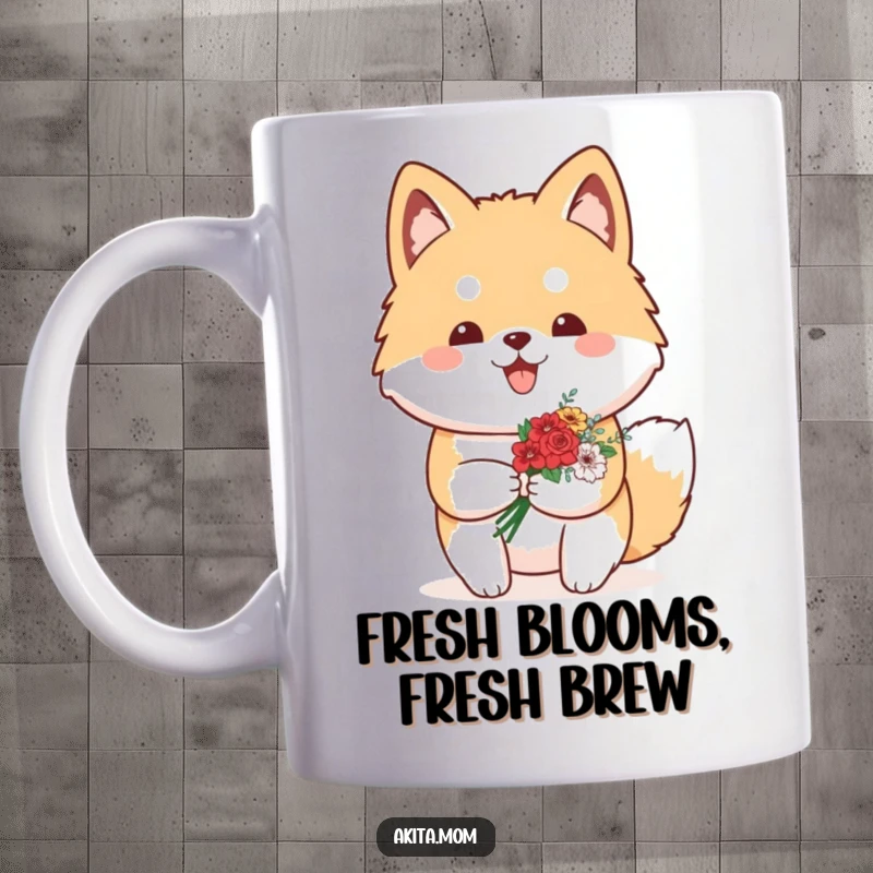 Funny Kawaii Akita mug featuring a proud dog carrying a small, colorful bouquet of flowers, radiating joy and affection.