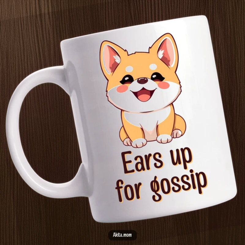 Funny Kawaii Akita Mug, happy dog with perked ears intently listening with pure joy, perfect gift for dog moms.