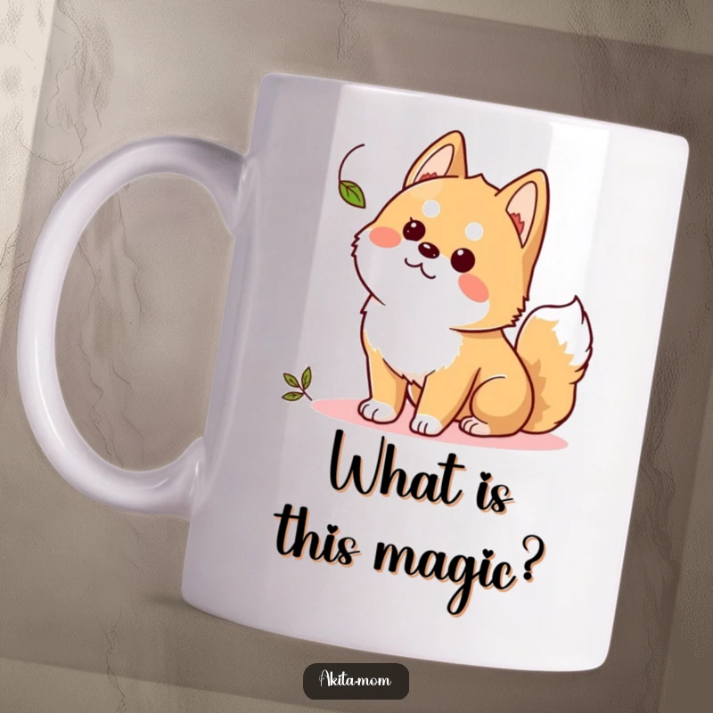 Funny Kawaii Akita mug, a curious dog intently watching a fluttering leaf, expressing alertness and wonder.
