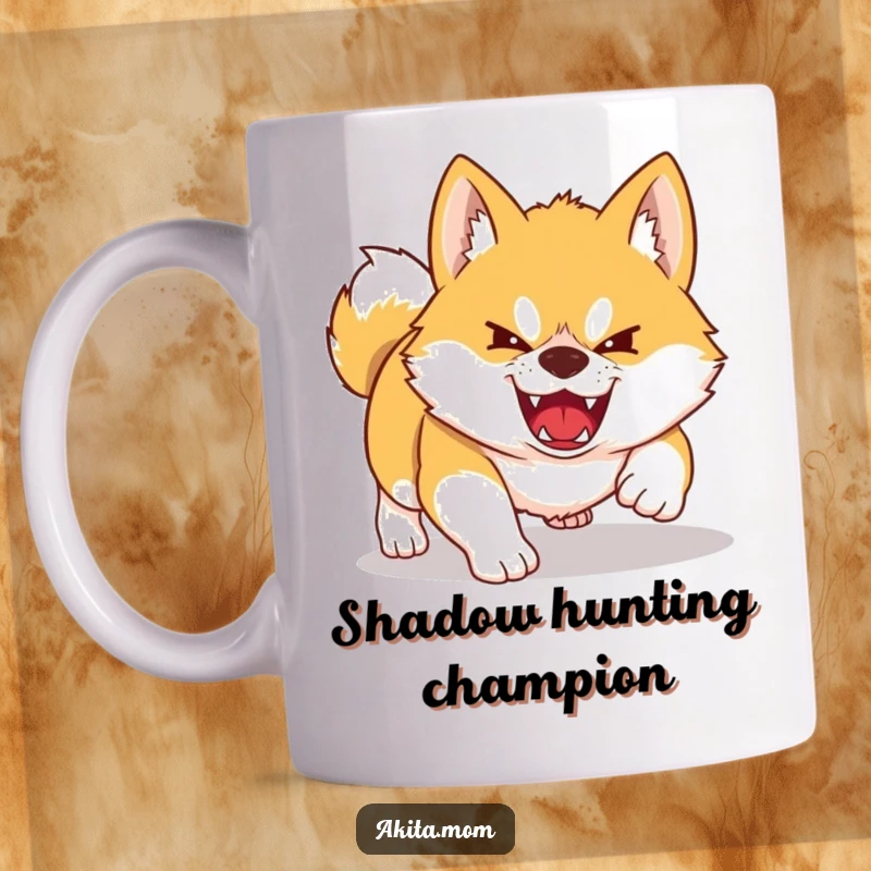 Funny Kawaii Akita mug showing a dog playfully pouncing on a shadow. Features a fierce yet adorable expression.