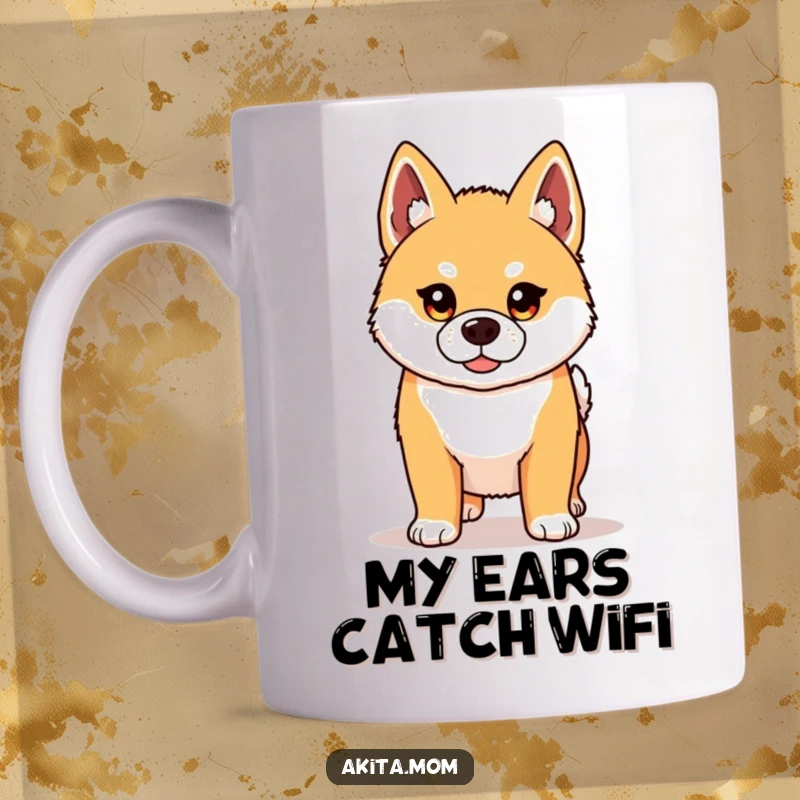 Funny Kawaii Akita mug with pricked ears and a determined gaze, standing proudly. Ideal for Akita dog owners seeking a humorous gift.