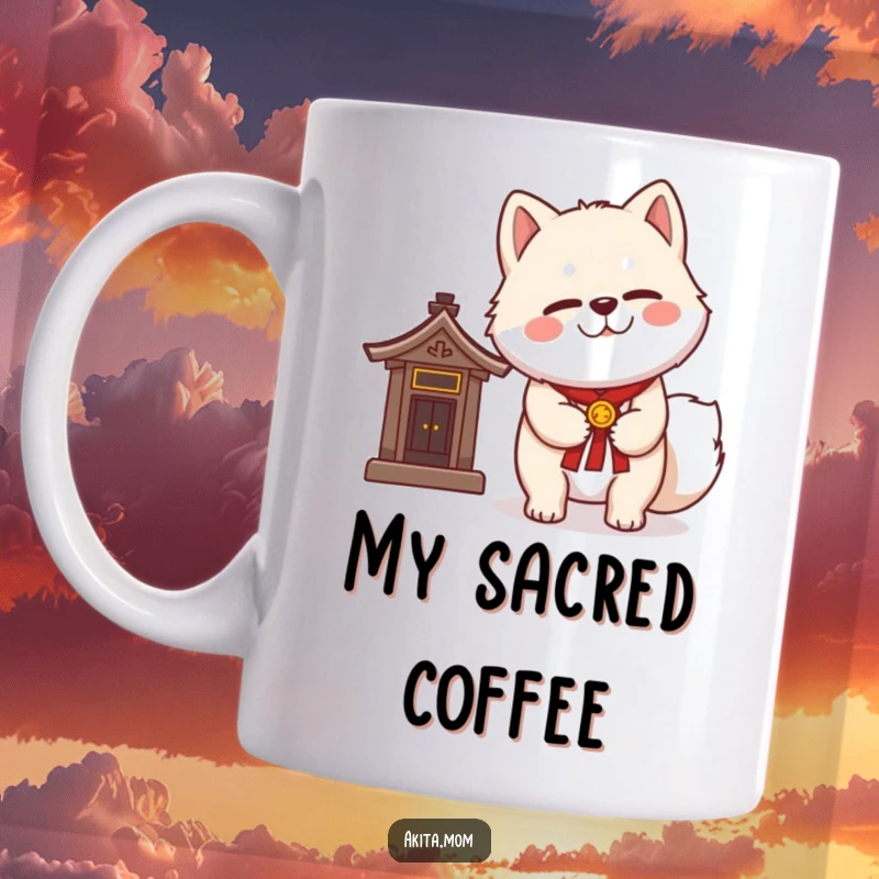 Funny Kawaii Akita mug with a dignified wink, standing serenely next to a miniature shrine, exuding playful wisdom.
