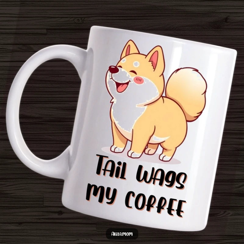 Funny Kawaii Akita mug depicting a dog doing a happy wiggle with its tightly curled tail, radiating pure canine joy.