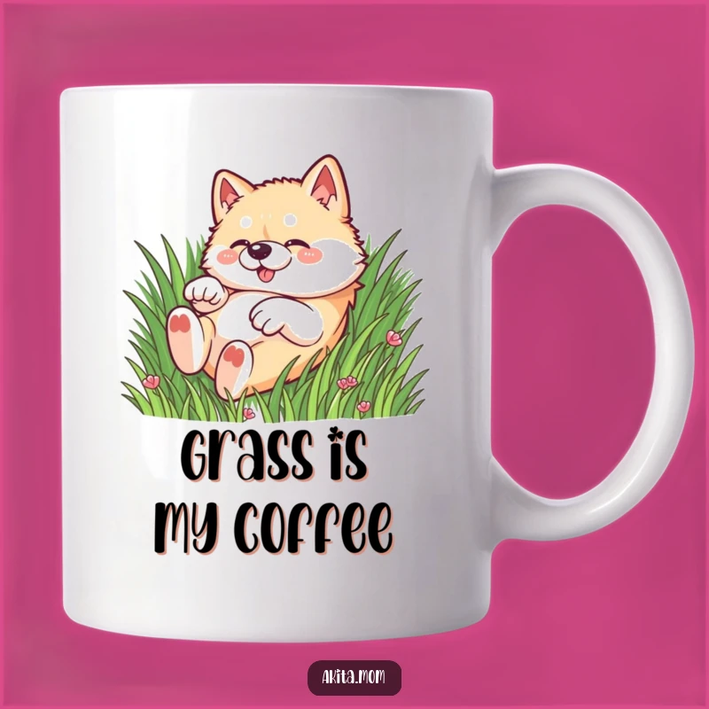 Funny Kawaii Akita Grass Mug: Joyful Rolling Dog Perfect Gift