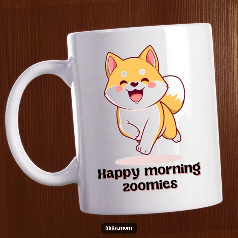 Funny Kawaii Akita mug, a happy dog energetically trotting with its tail curved high, full of joy.