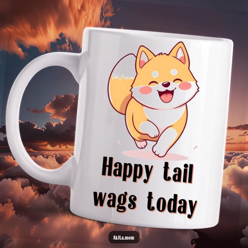 Funny Kawaii Akita mug showing a dog joyfully trotting with tail curled high. Ideal humorous gift for Akita lovers.