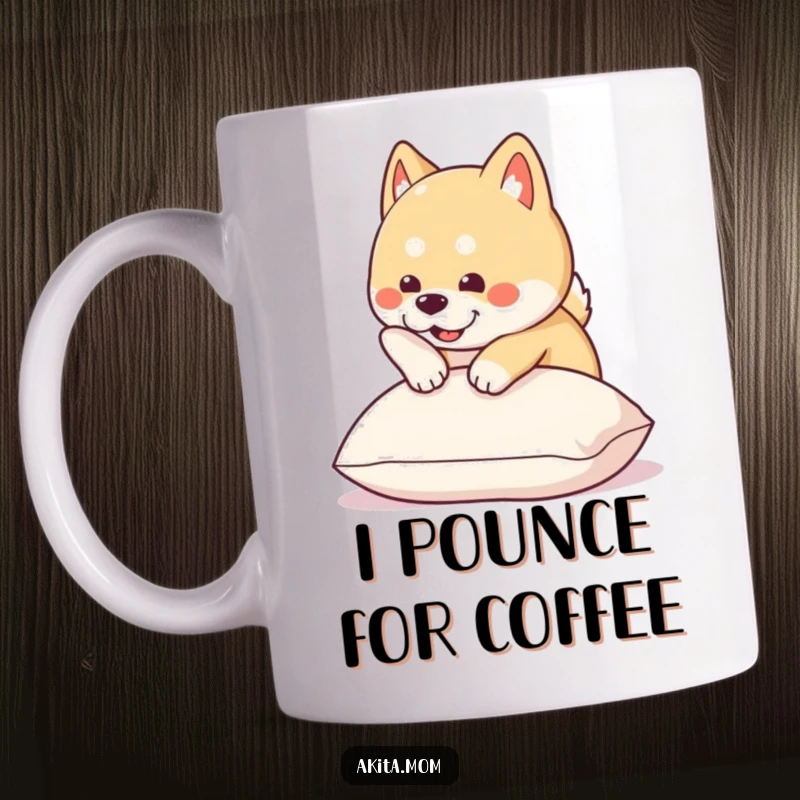 Funny Kawaii Akita mug shows a cute dog mid-playful pounce onto a fluffy cushion, radiating joy and silliness.