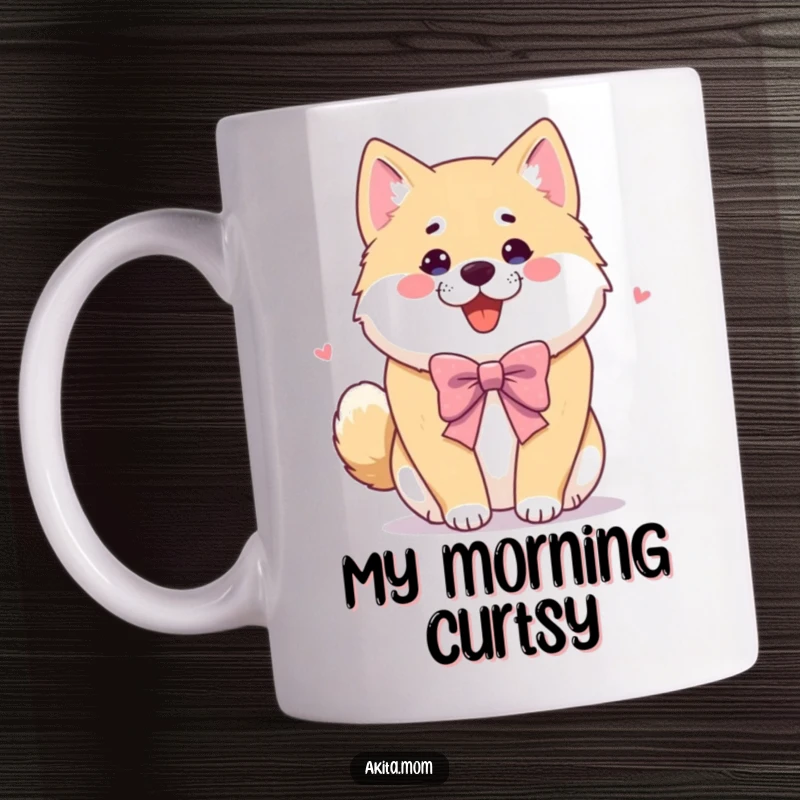 Funny Akita mug featuring a dog offering a playful, polite bow. A humorous and charming gift for dog lovers.