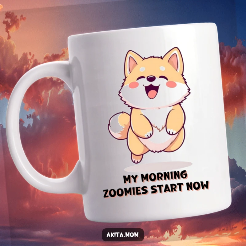 Funny Kawaii Akita mug, joyfully barking and leaping mid-air, showcasing its happy and energetic personality, a delightful dog gift.
