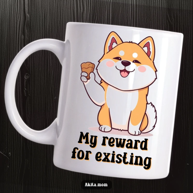 Funny Kawaii Akita mug, a dignified dog holding a delicious treat aloft with a happy expression, perfect for dog lovers.