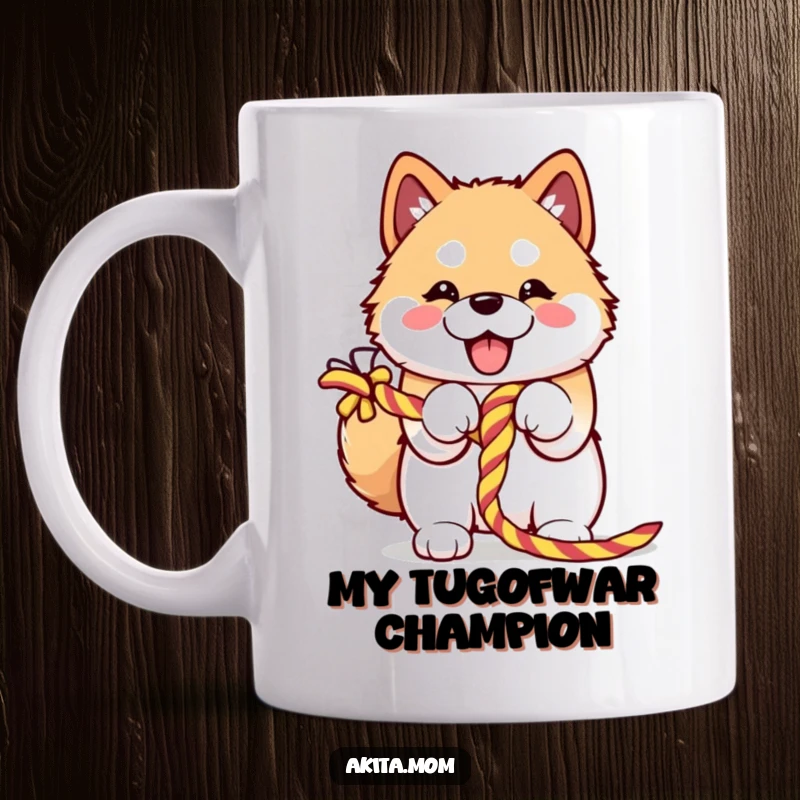 Funny Kawaii Akita mug enthusiastically embracing a colorful knotted rope, ready for a fun tug-of-war game with a huge smile.