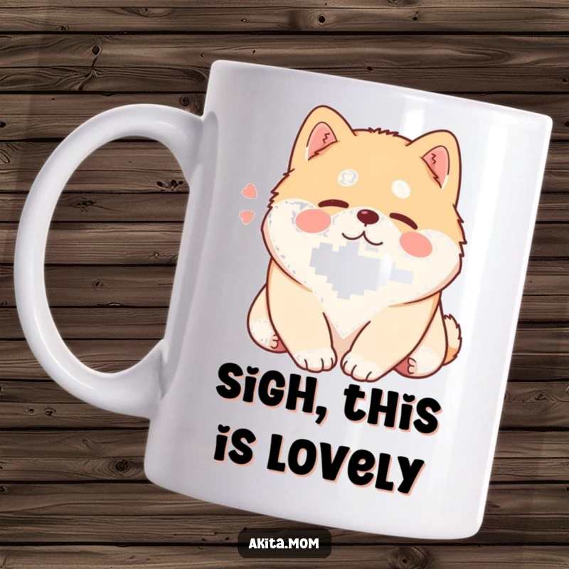 Funny Kawaii Akita mug, a content dog sighing deeply while resting its large head, exuding peace.