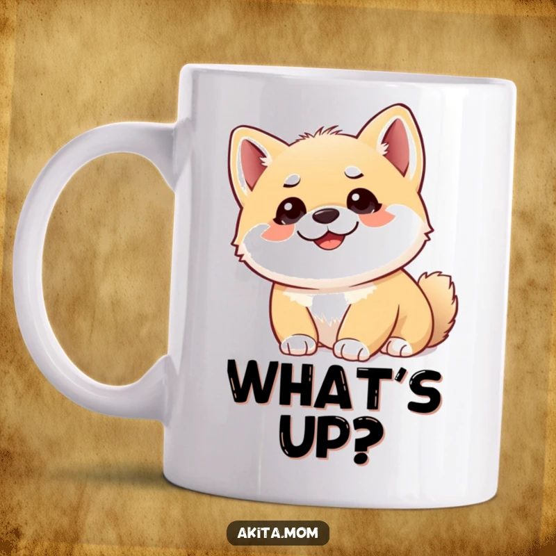 Funny Akita cub mug featuring a smiling puppy with perked ears, looking upwards with intense curiosity and gentle alertness.
