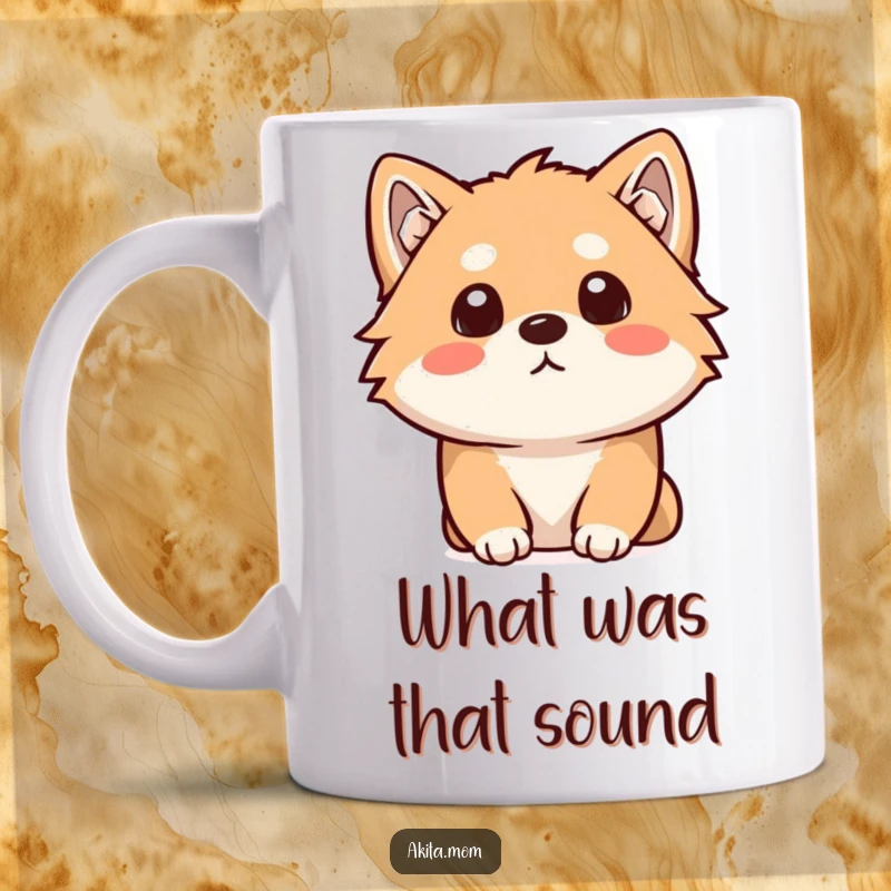 Funny Kawaii Akita mug showing a dog with a curious head tilt, listening intently. Ideal for Akita owners.