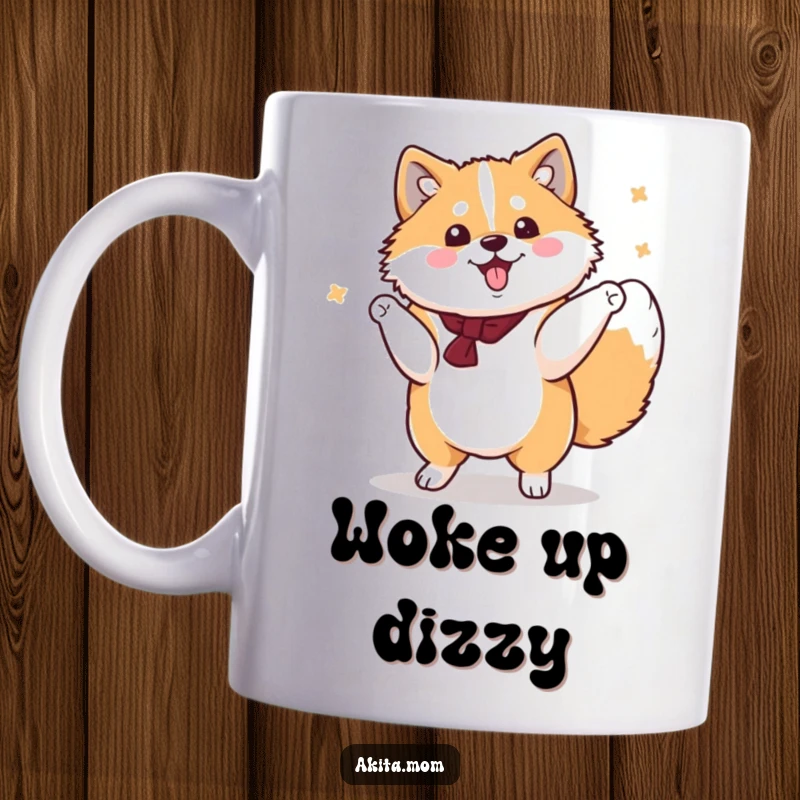 Funny Kawaii Akita Mug, a cute dog performing a dignified yet cheerful spin, a joyful and charming dog art gift.